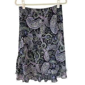 Y2K VTG Briggs NY Paisley Ruffle Midi Slip Skirt Black Green Purple Whimsigoth M